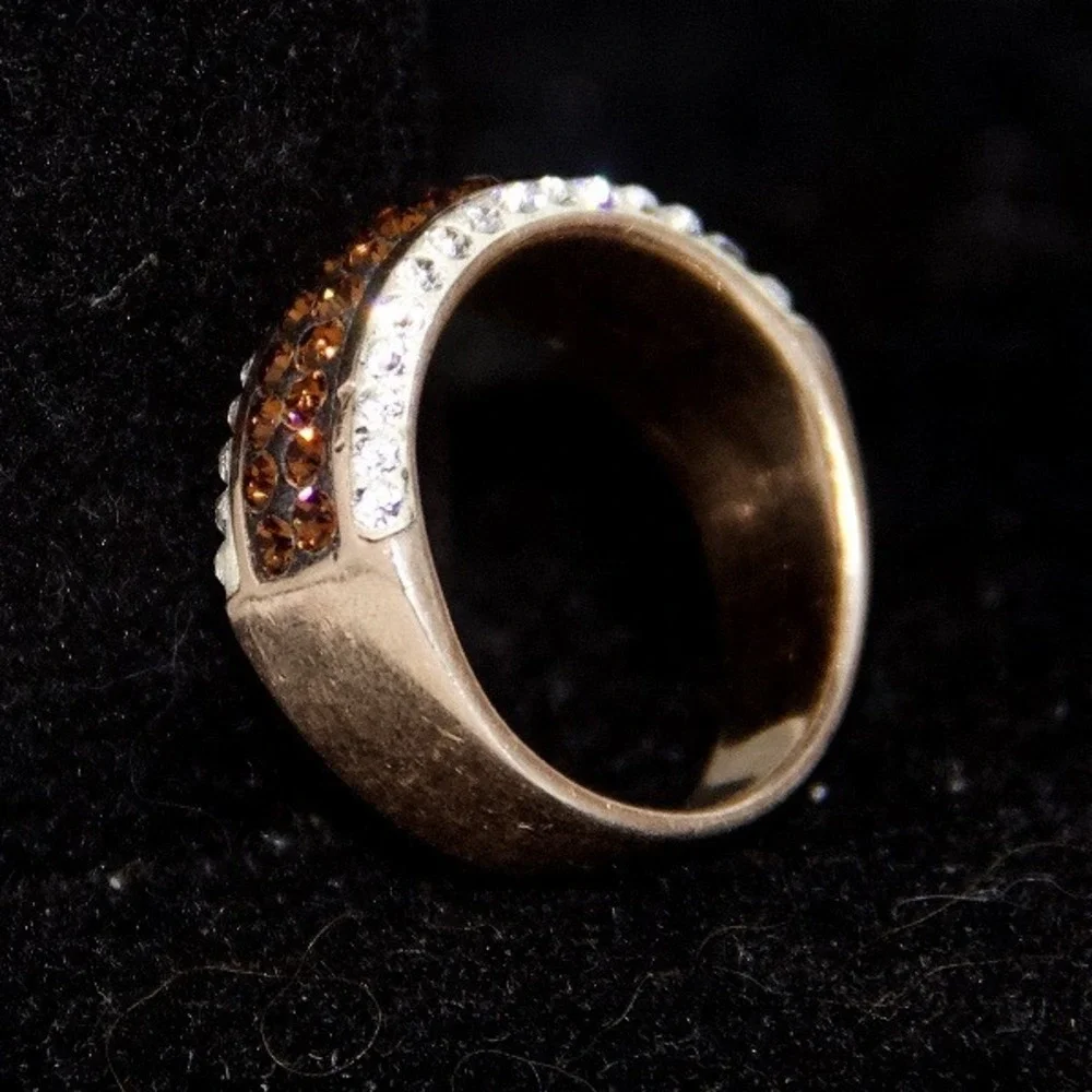Sterling Silver Cognac and Clear Crystal Pavé Wide Band Ring Size 7